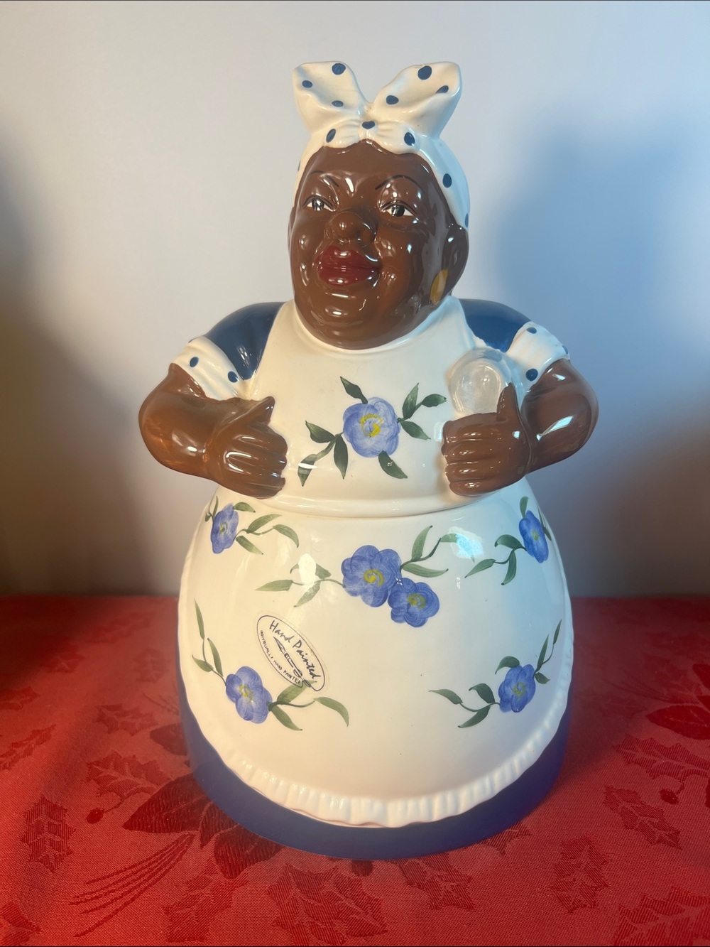 Vintage Hand-Painted Ceramic Southern Lady Cookie Jar in Blue and Cream